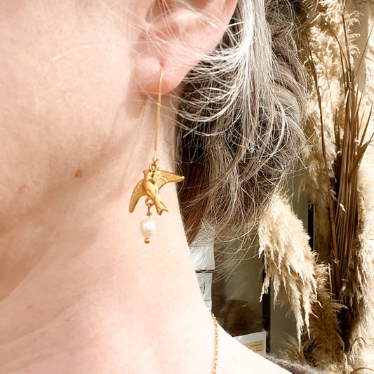 Boucles d’oreilles Hirondelle perle de culture véritable