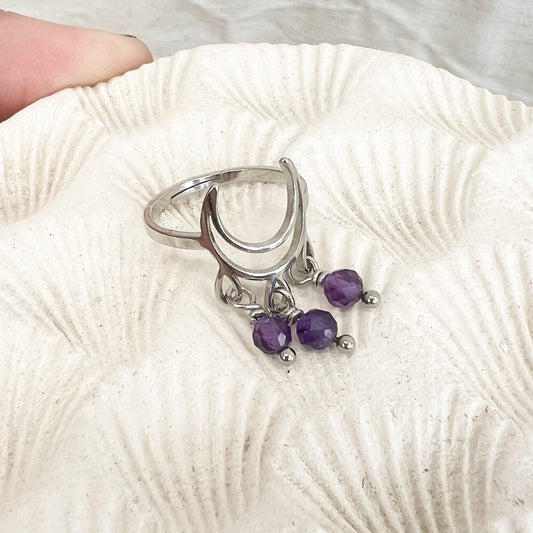 Argenté | Bague Réglable Inox Lune pierres fines