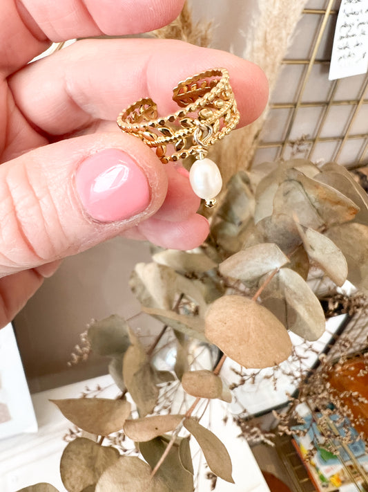 Bague Réglable Inox motif végétal Perle de Culture