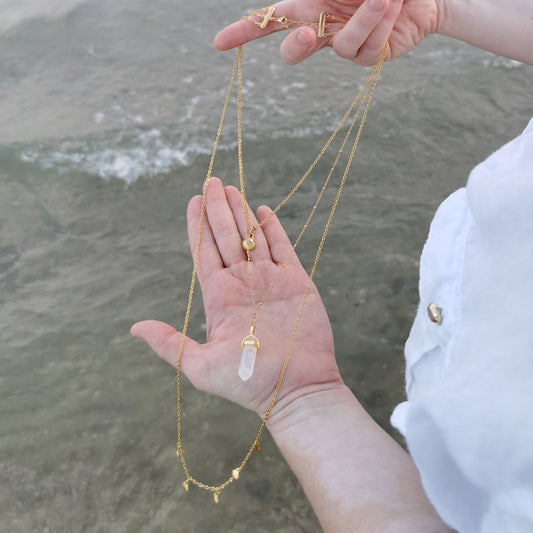 Boho Gold & Rock Crystal Multirow Necklace