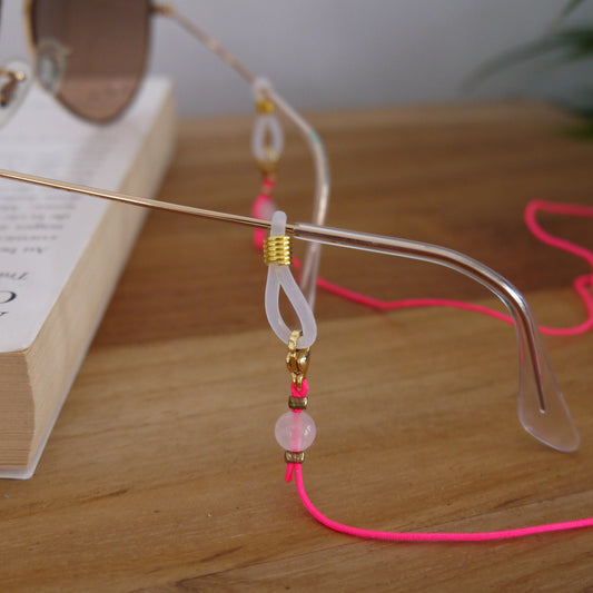 Cordon Lunettes Nylon Rose Fluo avec Pierre Fine