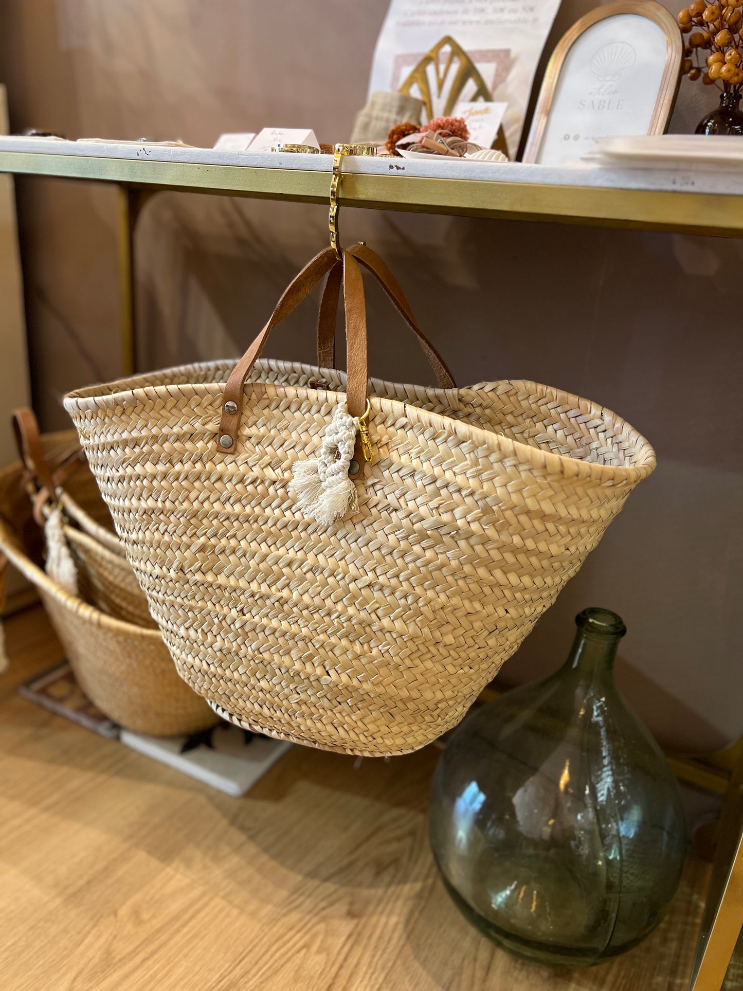 Panier de plage / Sac Cabas en palme avec déco en macramé