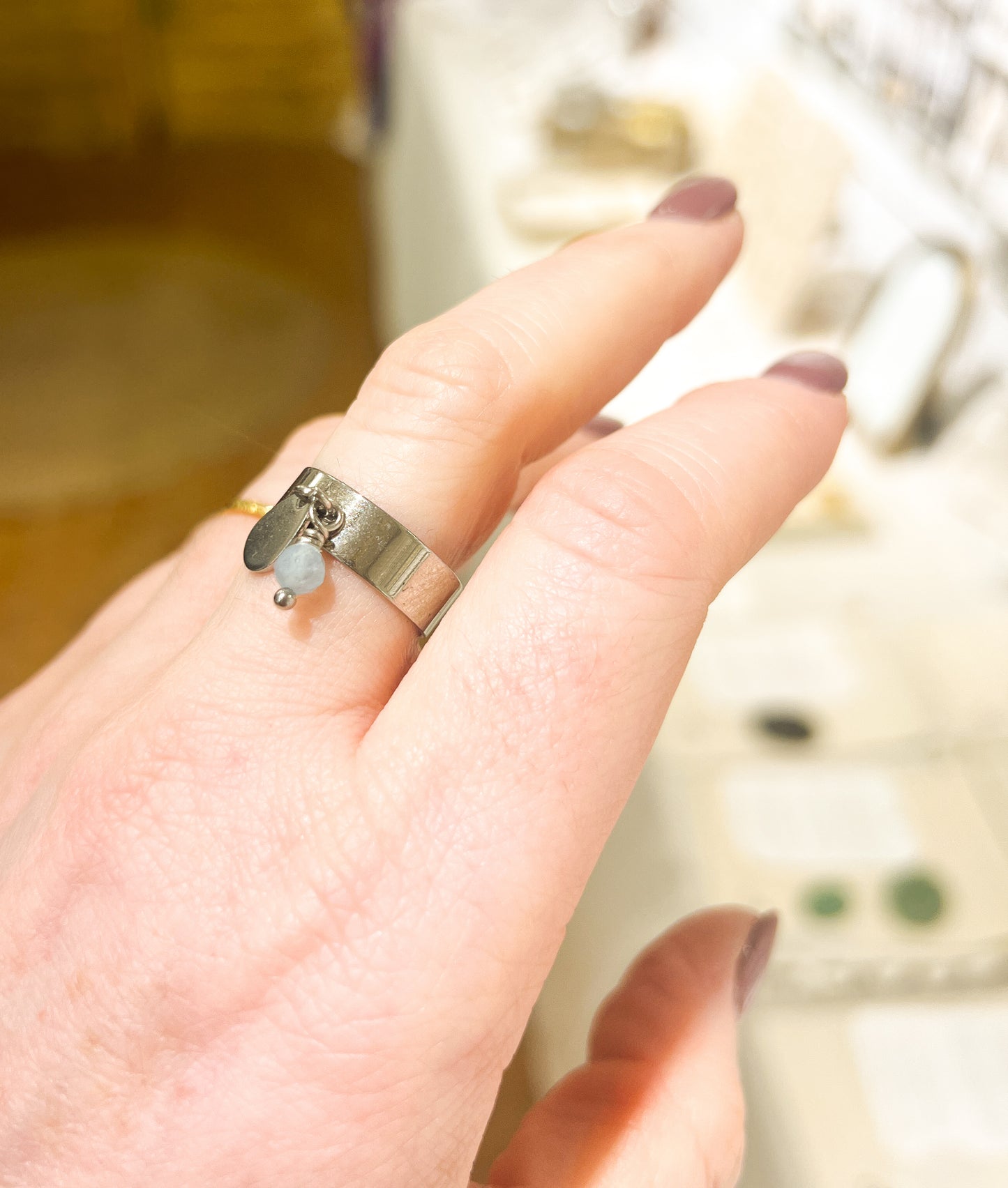 Aigue Marine | Argenté ou doré | Bague Réglable Inox pierre fine