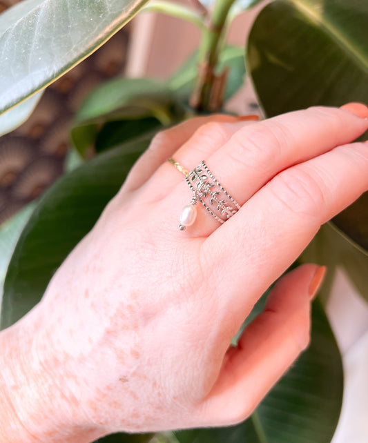 Silver | Adjustable Stainless Steel Ring with Plant Motif, Cultured Pearl or Mother-of-Pearl