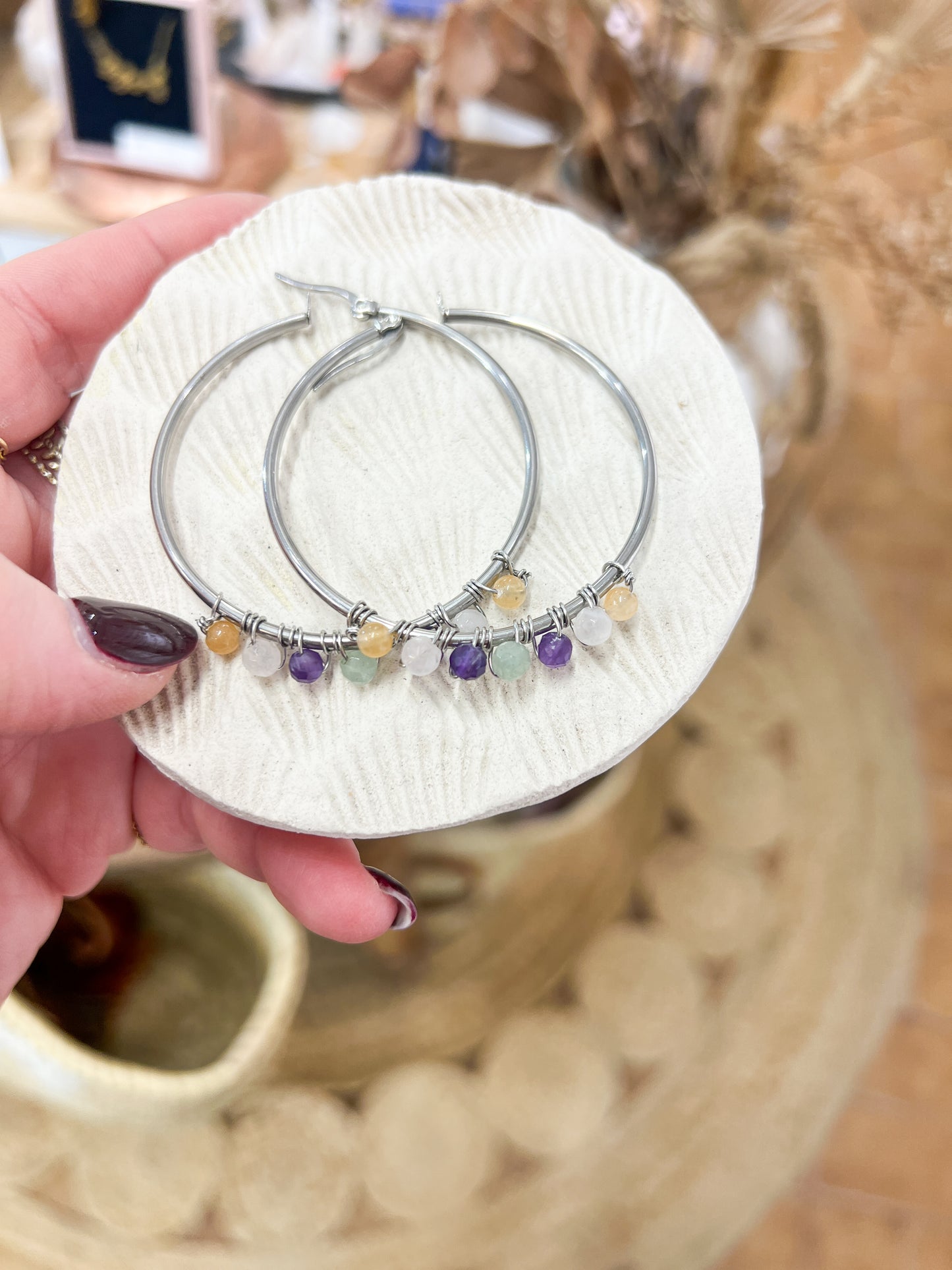 Argenté | Boucles d'oreilles Créoles Pierre Fine