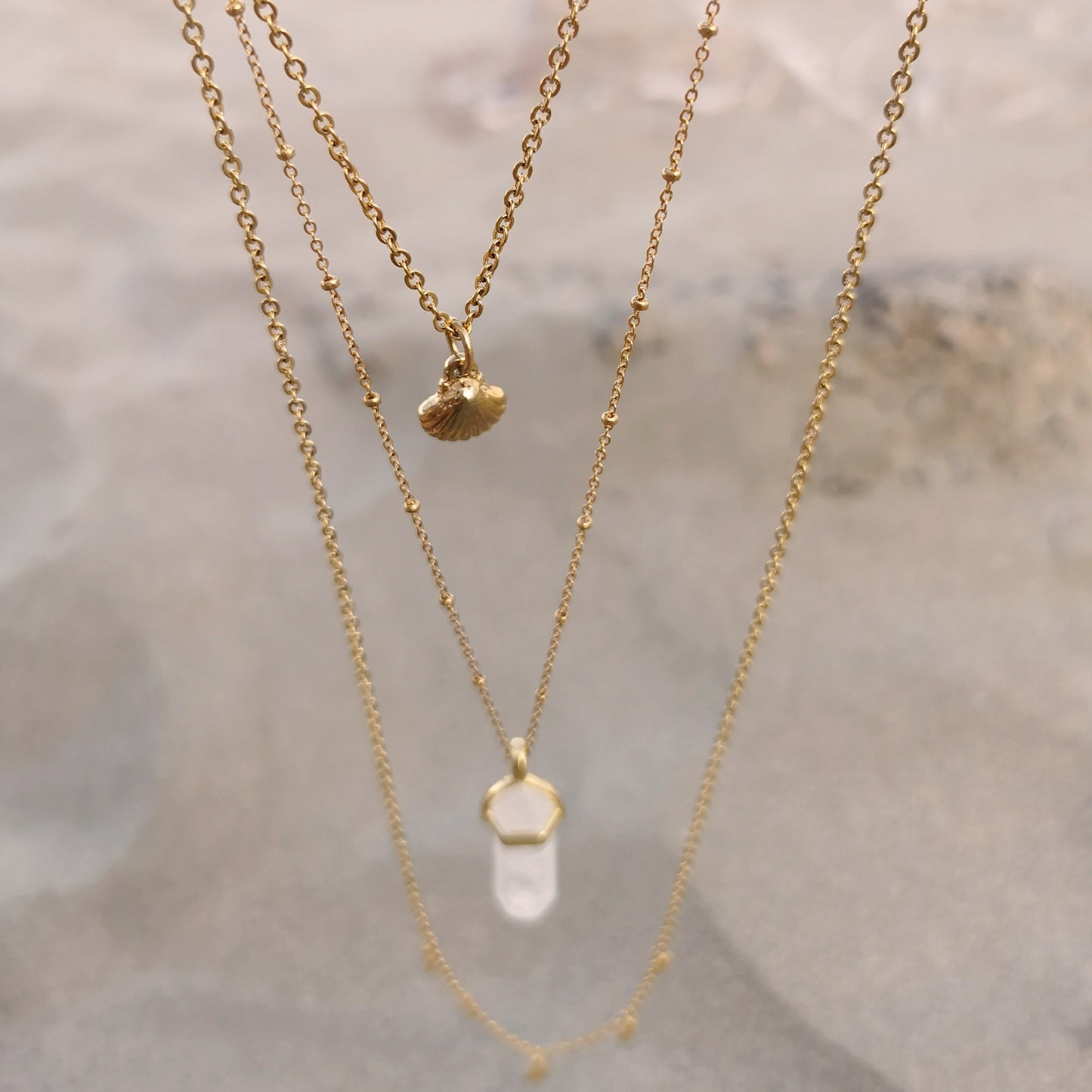 Boho Gold &amp; Rock Crystal Multirow Necklace