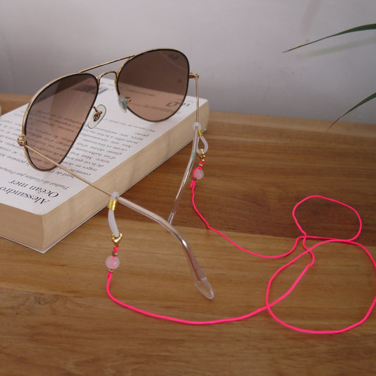 Cordon Lunettes Nylon Rose Fluo avec Pierre Fine