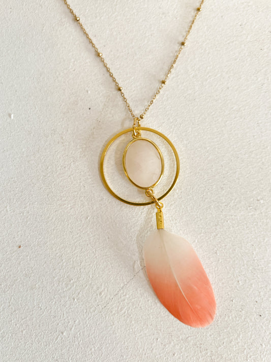 Collier Flamant Rose et Quartz rose